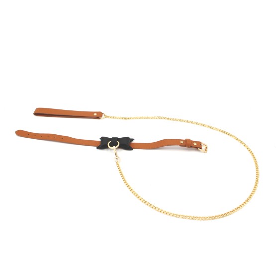 Brown Leather Bow Tie Collar & Leash