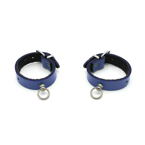 Leather Handcuffs Mini O-Ring Blue