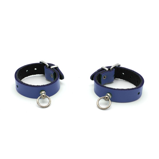 Leather Handcuffs Mini O-Ring Blue