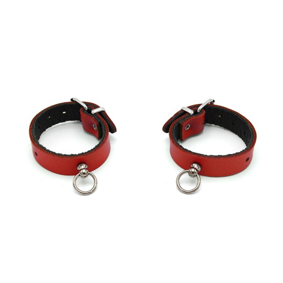 Leather Handcuffs Mini O-Ring Red