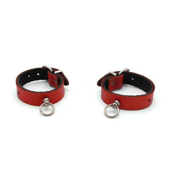Leather Handcuffs Mini O-Ring Red