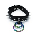 Black Leather Spiked Collar Double Rainbow O-Ring