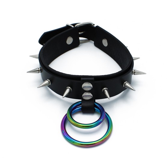 Black Leather Spiked Collar Double Rainbow O-Ring