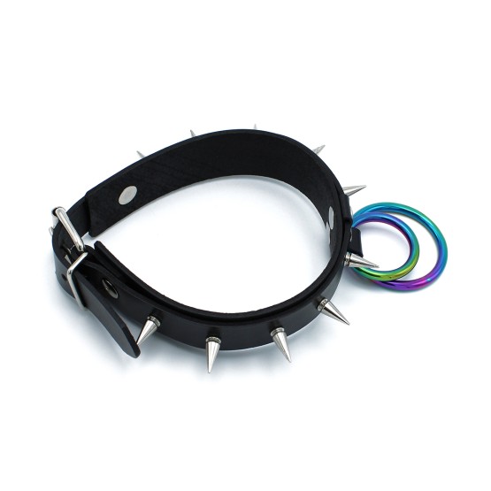 Black Leather Spiked Collar Double Rainbow O-Ring