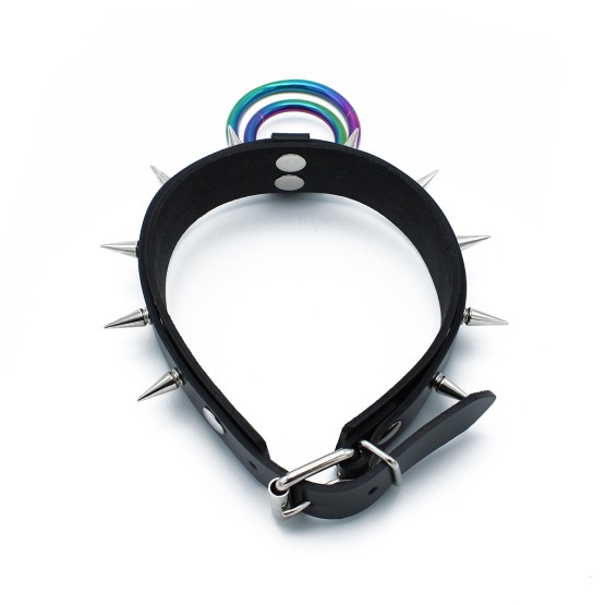 Black Leather Spiked Collar Double Rainbow O-Ring
