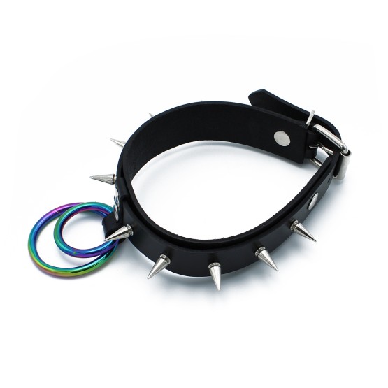 Black Leather Spiked Collar Double Rainbow O-Ring