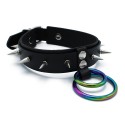 Black Leather Spiked Collar Double Rainbow O-Ring