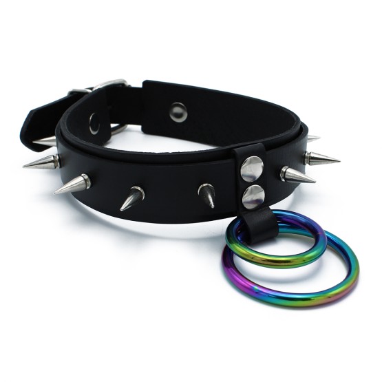Black Leather Spiked Collar Double Rainbow O-Ring