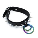 Black Leather Spiked Collar Double Rainbow O-Ring