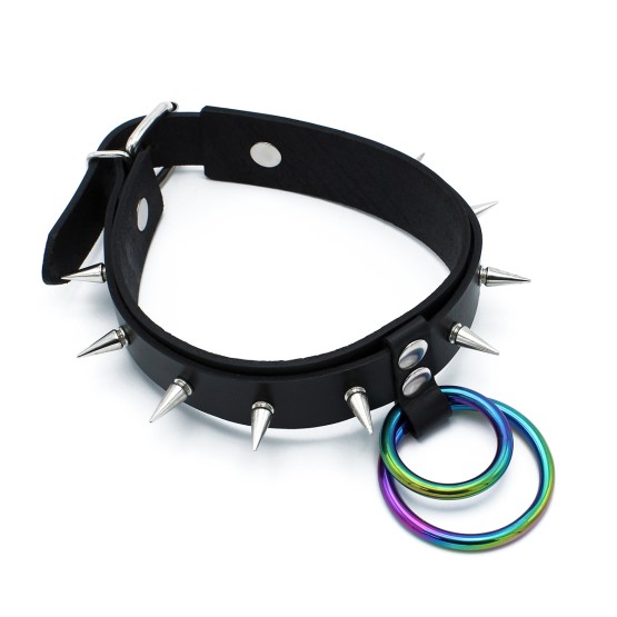 Black Leather Spiked Collar Double Rainbow O-Ring
