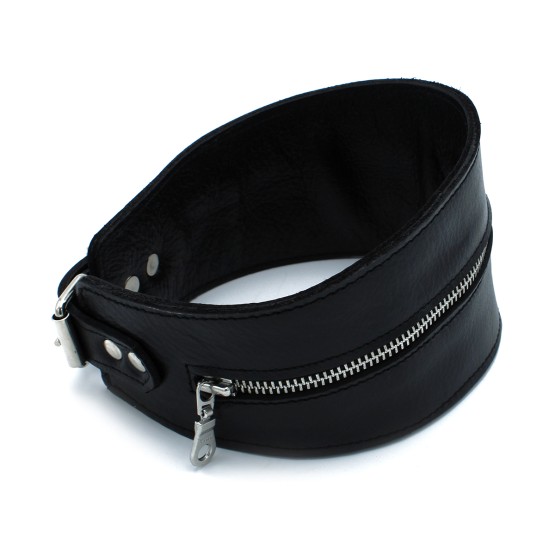 Black Leather High-Neck Collar with Zipper