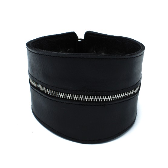 Black Leather High-Neck Collar with Zipper