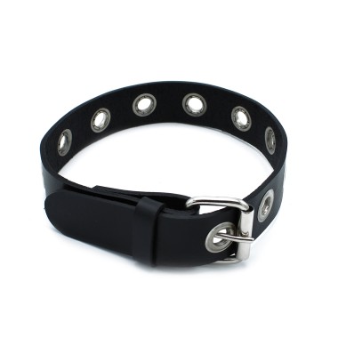 Black Leather Slim Collar with Multi-Metal Eyelets