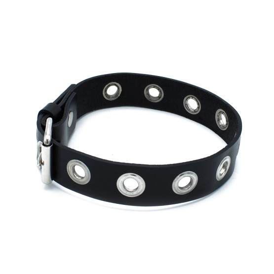 Black Leather Slim Collar with Multi-Metal Eyelets
