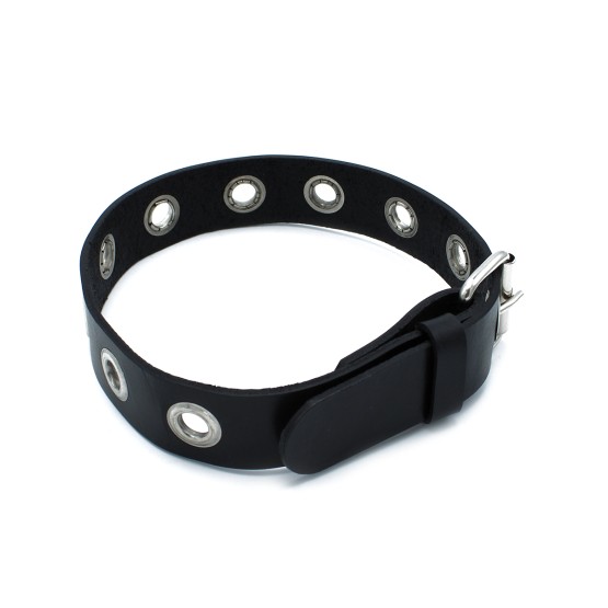 Black Leather Slim Collar with Multi-Metal Eyelets