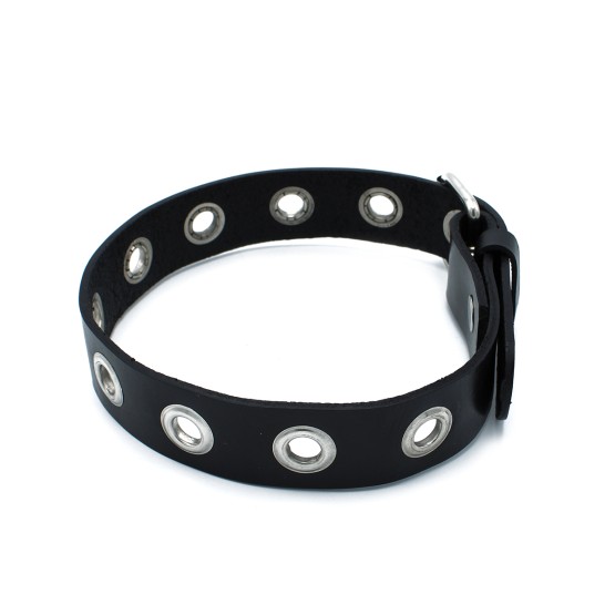 Black Leather Slim Collar with Multi-Metal Eyelets