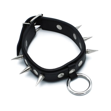Black Leather Spiked Collar with O-Ring