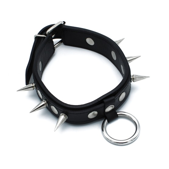 Black Leather Spiked Collar with O-Ring