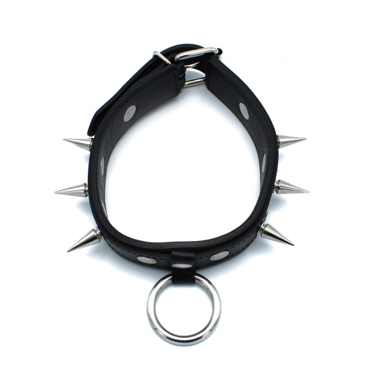 Black Leather Spiked Collar with O-Ring