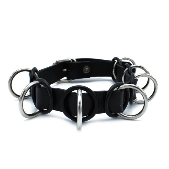 Black Leather Collar with 7 Statement Rings