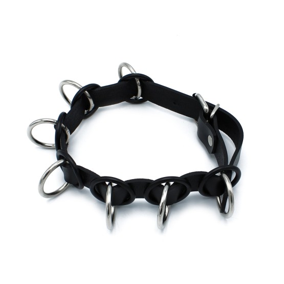 Black Leather Collar with 7 Statement Rings