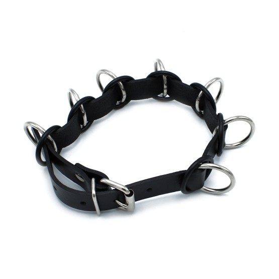 Black Leather Collar with 7 Statement Rings