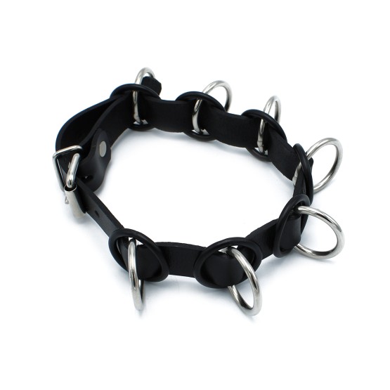 Black Leather Collar with 7 Statement Rings