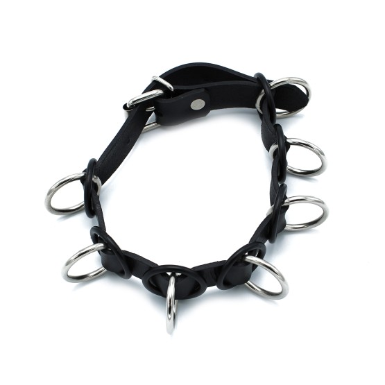 Black Leather Collar with 7 Statement Rings