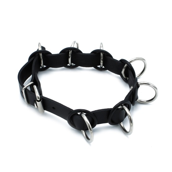 Black Leather Collar with 7 Statement Rings