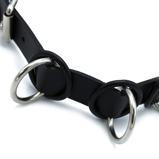 Black Leather Collar with 7 Statement Rings
