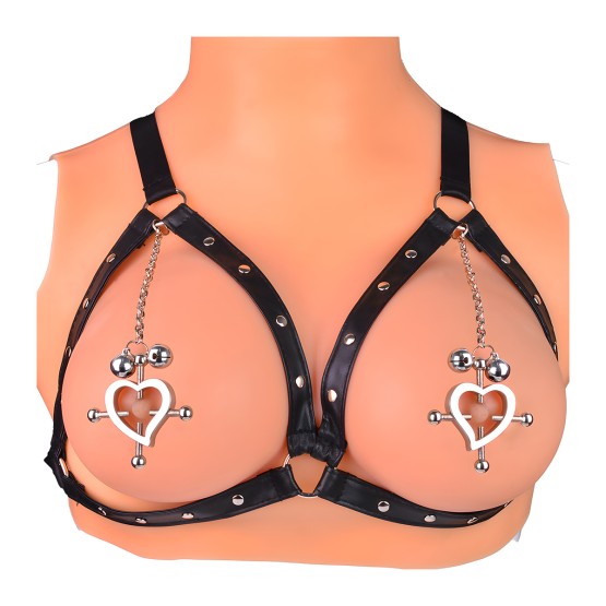 Heart-Shaped Nipple Clamps Tinkling Bells & Leather Harness