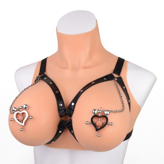 Heart-Shaped Nipple Clamps Tinkling Bells & Leather Harness