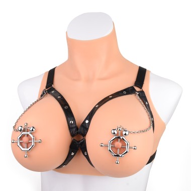 Hexagon Nipple Clamps Bells & Leather Harness