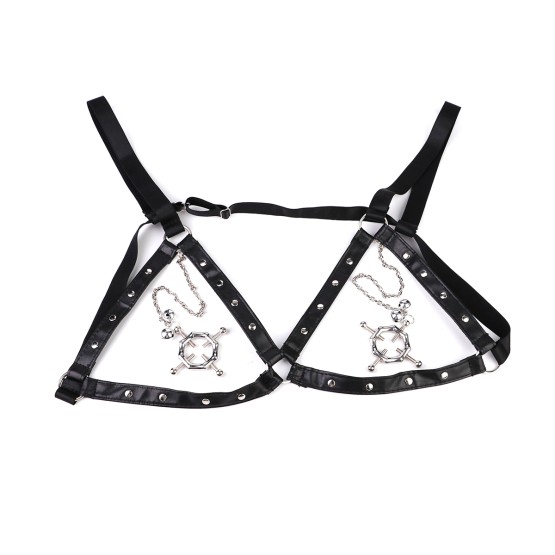 Hexagon Nipple Clamps Bells & Leather Harness