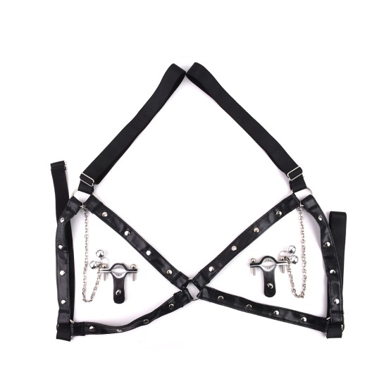 Adjustable Nipple Clamps Bells & Leather Harness