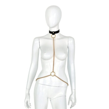 Deluxe Black Leather Collar and Gold Chains