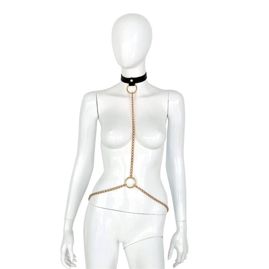 Deluxe Black Leather Collar and Gold Chains