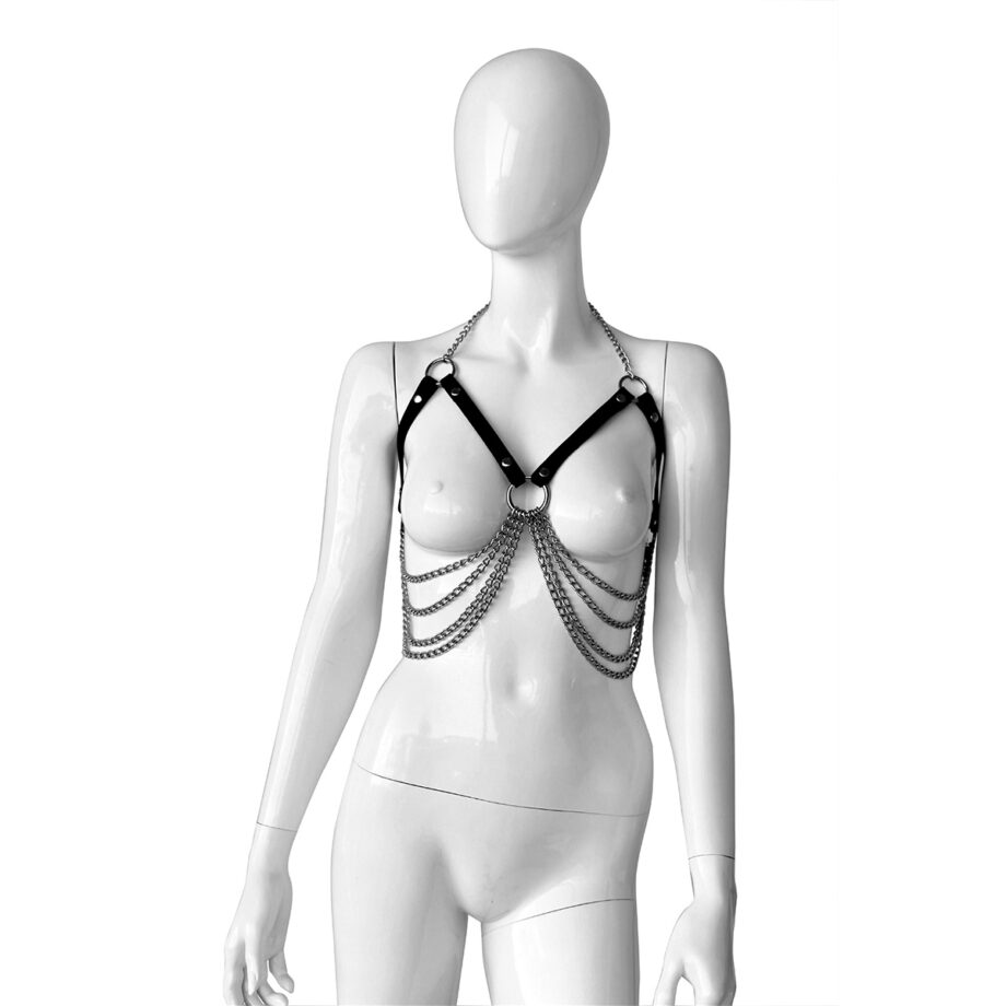 Adjustable leather bra with chains