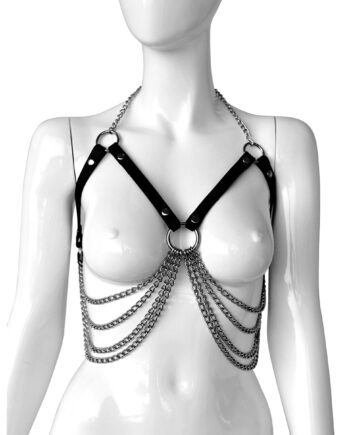 Adjustable leather bra with chains