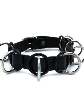 Black Leather Collar with 7 Statement Rings