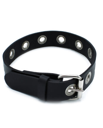 Black Leather Slim Collar with Multi-Metal Eyelets