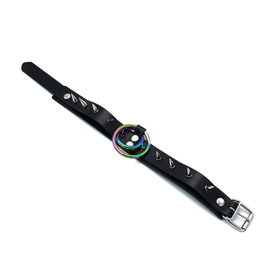 Black Leather Spiked Collar Double Rainbow O-Ring