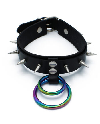 Black Leather Spiked Collar Double Rainbow O-Ring