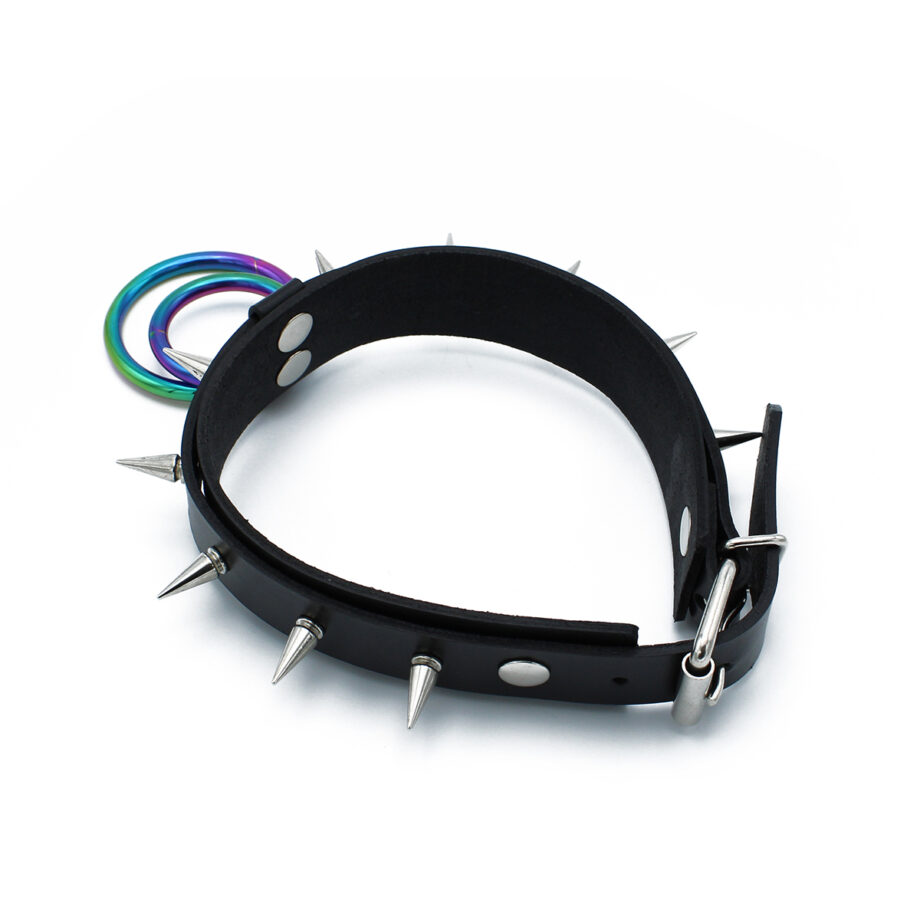 Black Leather Spiked Collar Double Rainbow O-Ring