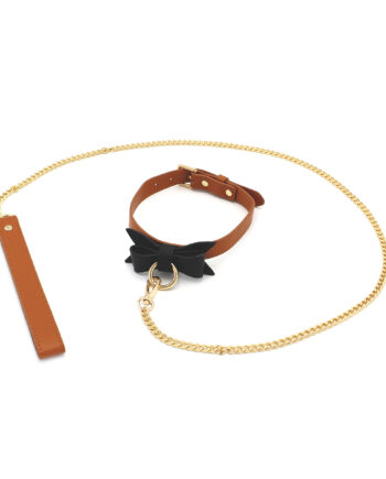 Brown Leather Bow Tie Collar & Leash