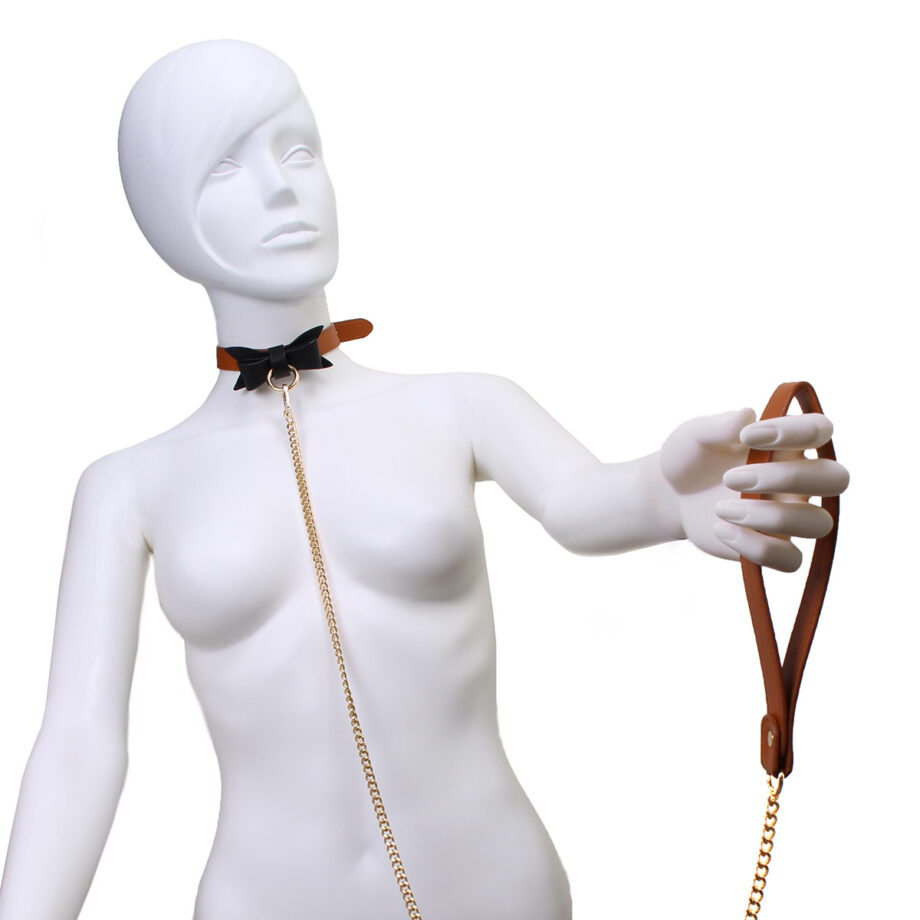 Brown Leather Bow Tie Collar & Leash
