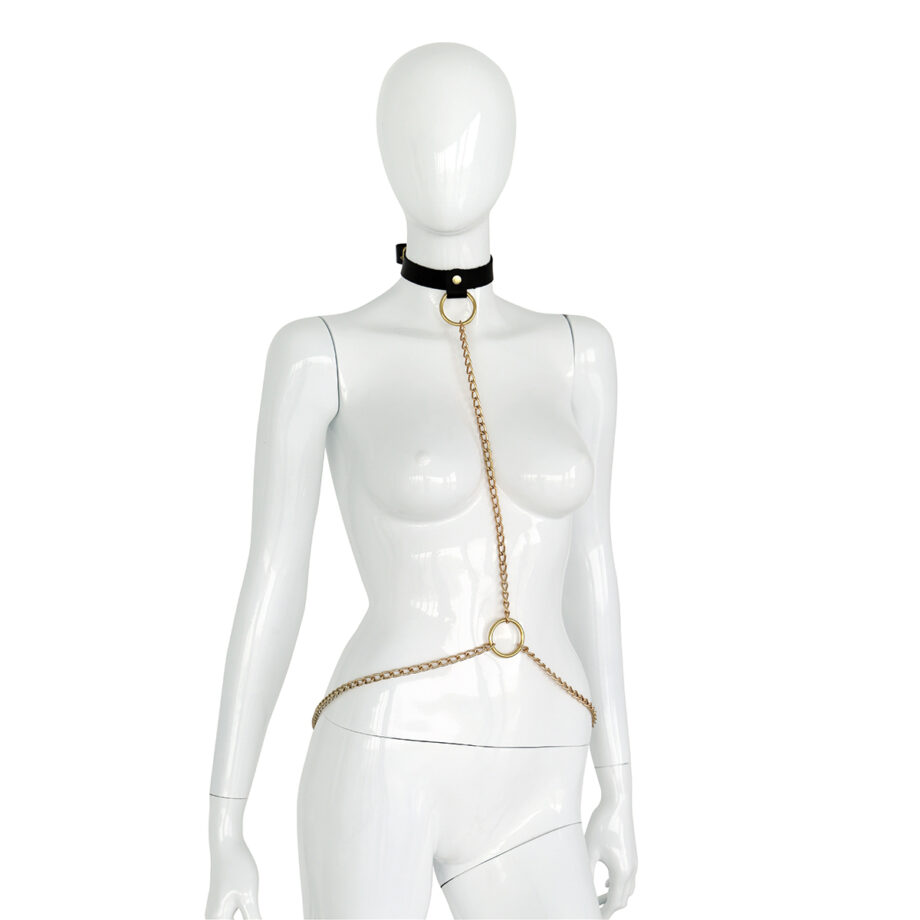Deluxe Black Leather Collar and Gold Chains