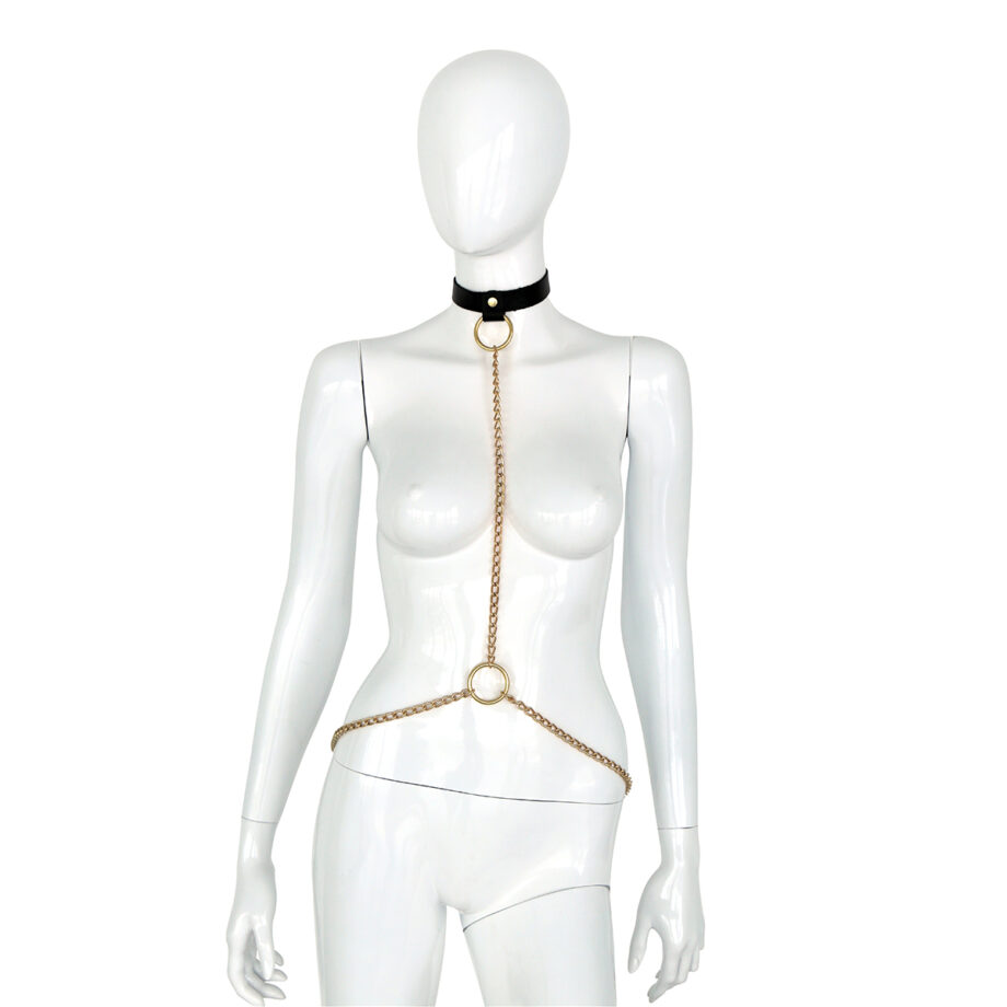 Deluxe Black Leather Collar and Gold Chains