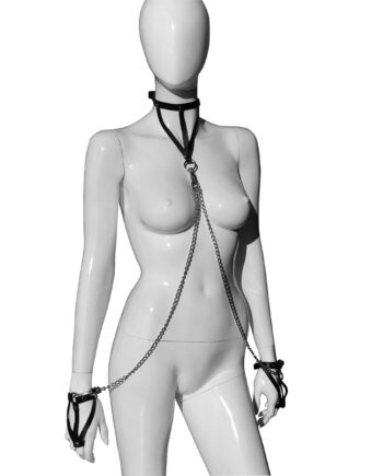 Leather hand cuffs with collar and chains